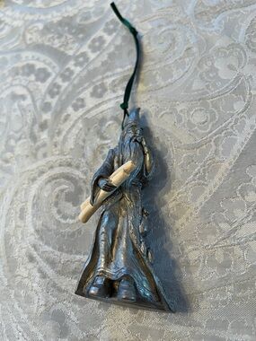 Hallmark Pewter-Toned Wizard Ornament with Ivory Scrolls and Green Ribbon EUC